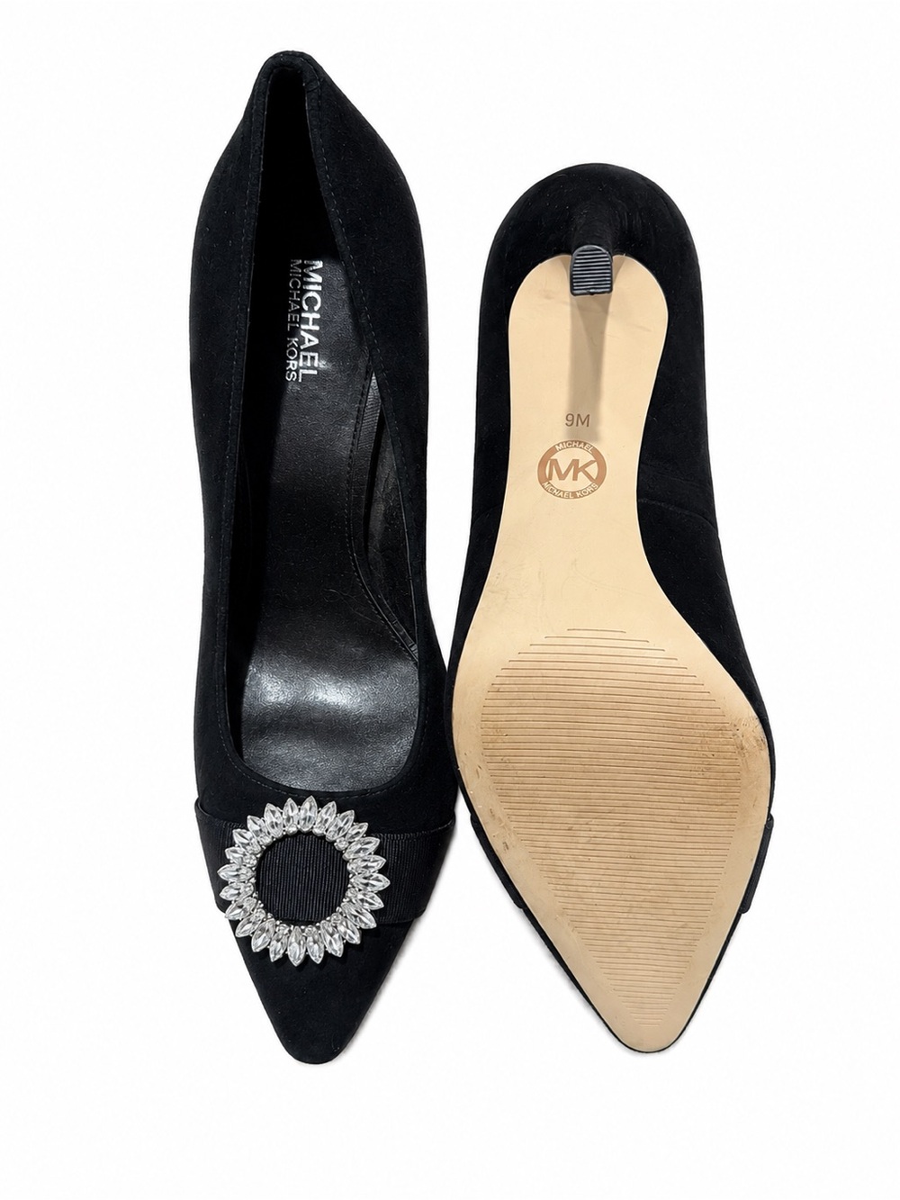 Michael Kors Black Suede Pointed Toe Pumps with Crystal Medallion